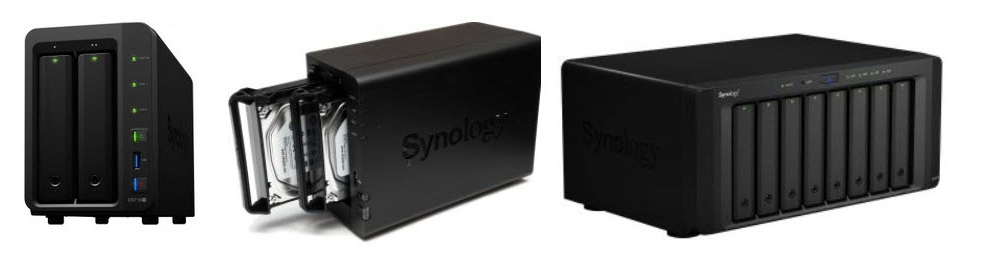 Three Synology network attached storage devices in different sizes